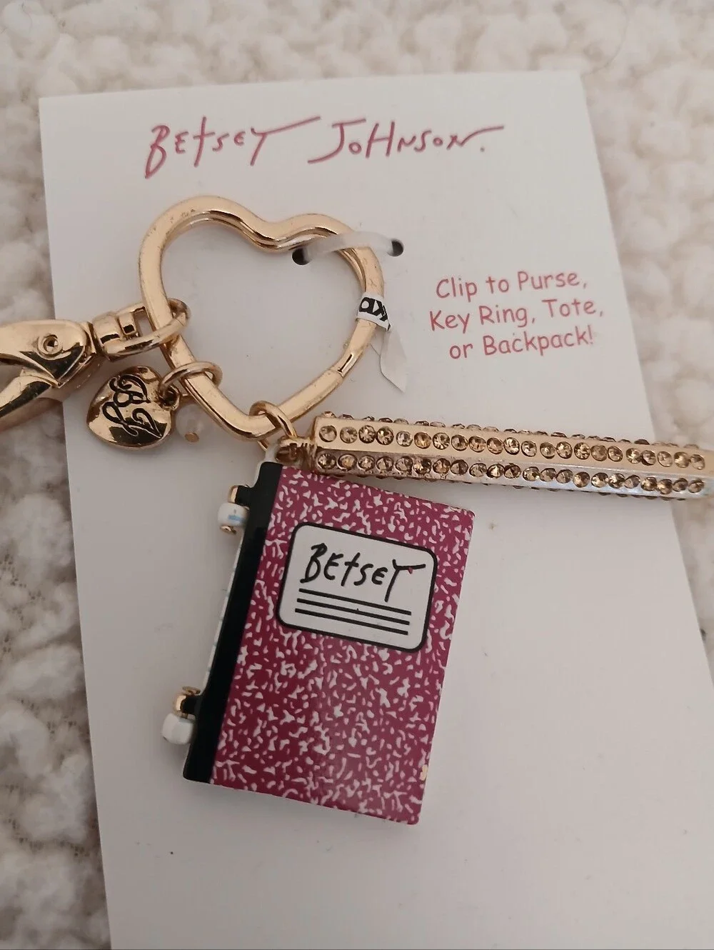 Betsey Johnson Pink Notebook & Gold Lipstick Handbag Charm Keychain